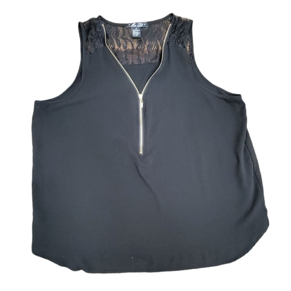 Miss Lili Sleeveless Black Blouse | Lace | V Neck with Golden Zipper | Size 2X